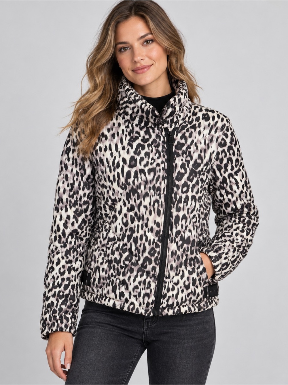 Leopard Print Quilted Zip Jacket, High Collar, Black & Ivory hip length